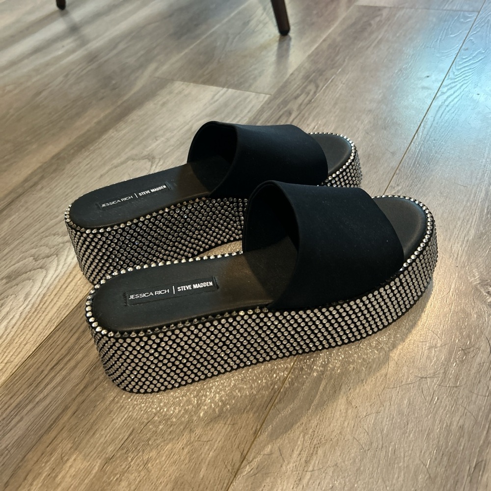 Steve Madden x Jessica Rich Black Rhinestone Platform Slides
